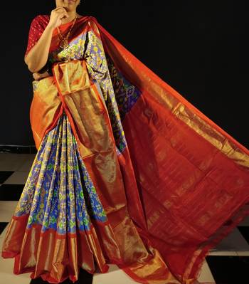 Double Ikkat Handwoven Silk Saree / Patola silk Saree with Golden Border - Ethnics Land 1