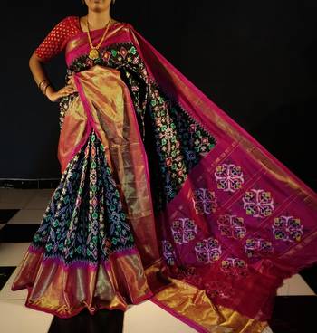 Double Ikkat Handwoven Silk Saree / Patola silk Saree with Golden Border - Ethnics Land 1