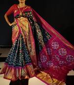 Double Ikkat Handwoven Silk Saree / Patola silk Saree with Golden Border - Ethnics Land