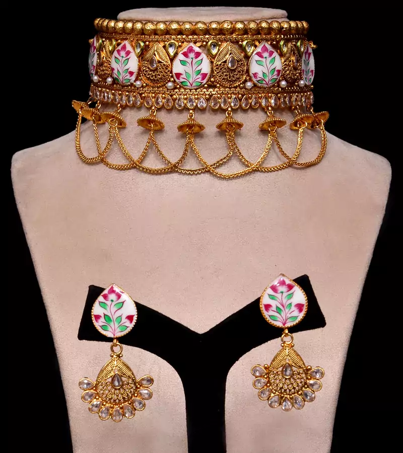 Gold Plated Kundan and Meenakari Worked Designer Choker 317FNN165