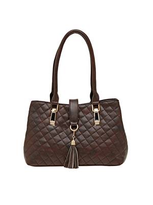 Brown Checkered Pu Synthetic Material Handbag For Women 1