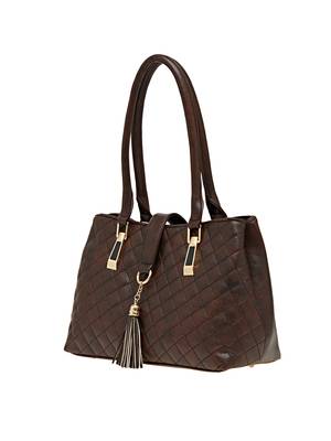 Brown Checkered Pu Synthetic Material Handbag For Women 3