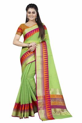 Green woven cotton saree with blouse 1