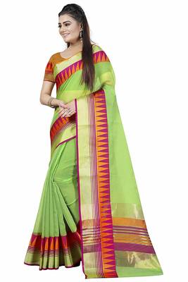 Green woven cotton saree with blouse 2