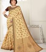 Beige woven banarasi silk saree with blouse