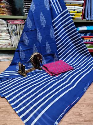 Indigo Colour Soft Mulmul Cotton Saree with Blouse Piece 1