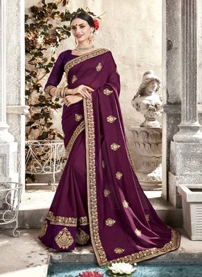 Burgundy embroidered fancy fabric saree with blouse 1