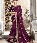 Burgundy embroidered fancy fabric saree with blouse