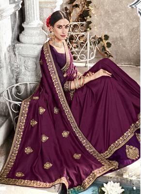Burgundy embroidered fancy fabric saree with blouse 2