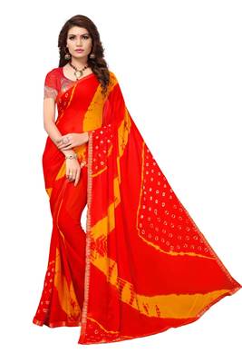Red Printed Chiffon Saree With Blouse 1