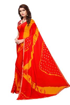 Red Printed Chiffon Saree With Blouse 2