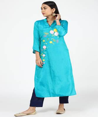 Hand Embroided Blue Silk Kurti With Silk Trousers 1
