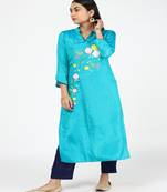 Hand Embroided Blue Silk Kurti With Silk Trousers