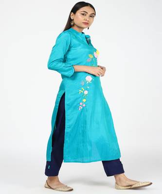 Hand Embroided Blue Silk Kurti With Silk Trousers 2
