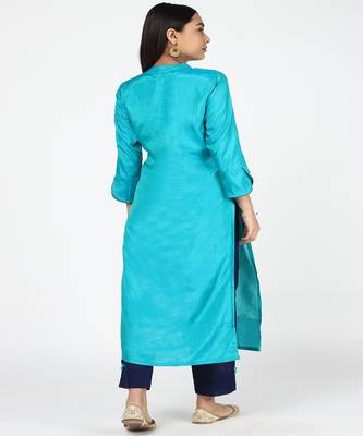Hand Embroided Blue Silk Kurti With Silk Trousers 3