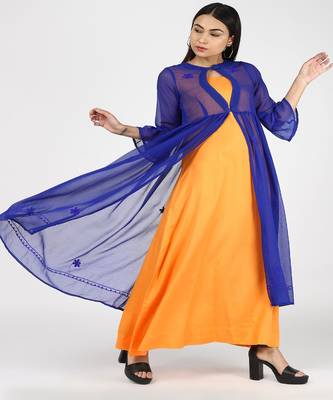 Blue Georgette Chikankari Shrug With Yellow Rayon Gown 2
