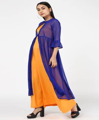 Blue Georgette Chikankari Shrug With Yellow Rayon Gown 3