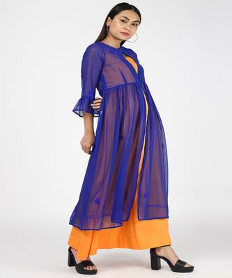 Blue Georgette Chikankari Shrug With Yellow Rayon Gown 4