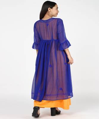 Blue Georgette Chikankari Shrug With Yellow Rayon Gown 5