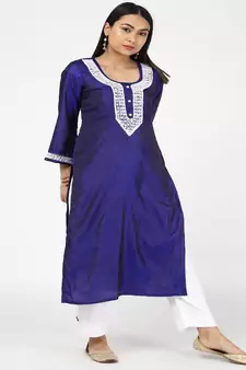 Poth Moti Emblished Blue Silk Kurti With Trousers