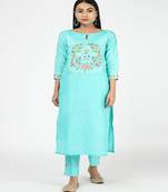 Hand Embroided Aqua Blue Silk Kurti With Silk Trousers