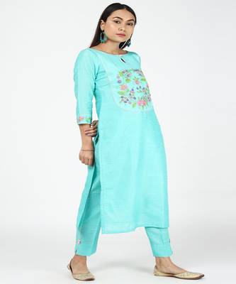 Hand Embroided Aqua Blue Silk Kurti With Silk Trousers 2