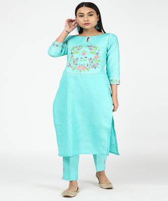 Hand Embroided Aqua Blue Silk Kurti With Silk Trousers 3