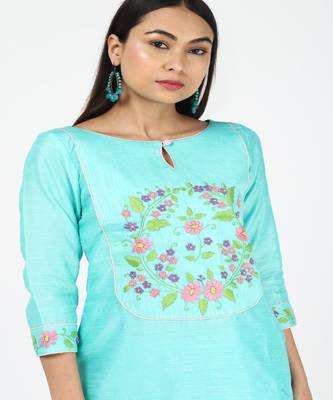Hand Embroided Aqua Blue Silk Kurti With Silk Trousers 4