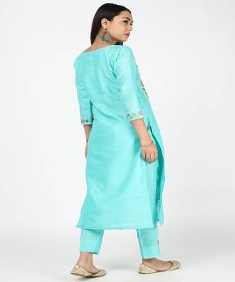 Hand Embroided Aqua Blue Silk Kurti With Silk Trousers 5