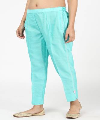 Hand Embroided Aqua Blue Silk Kurti With Silk Trousers 6