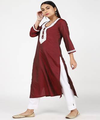 Poth Moti Emblished Maroon Silk Kurti With Trousers 3