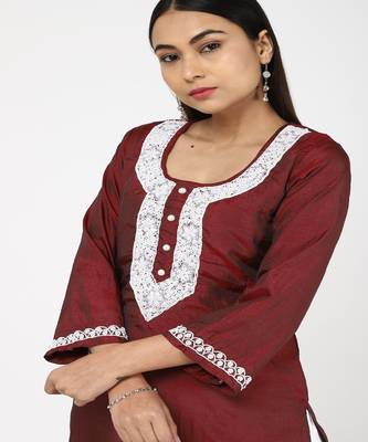 Poth Moti Emblished Maroon Silk Kurti With Trousers 5