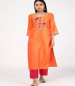 Hand Embroided Orange Silk Kurti With Silk Trousers