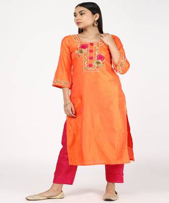 Hand Embroided Orange Silk Kurti With Silk Trousers 2