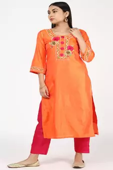 Hand Embroided Orange Silk Kurti With Silk Trousers