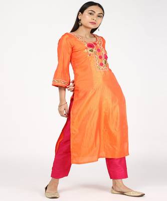 Hand Embroided Orange Silk Kurti With Silk Trousers 3