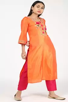Hand Embroided Orange Silk Kurti With Silk Trousers