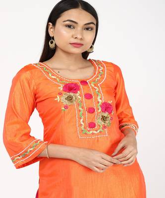 Hand Embroided Orange Silk Kurti With Silk Trousers 4