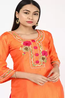 Hand Embroided Orange Silk Kurti With Silk Trousers