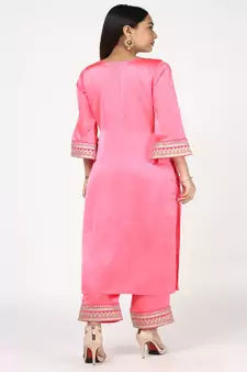 Pink Sattin Emroided Kurti With Trousers