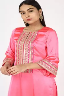 Pink Sattin Emroided Kurti With Trousers