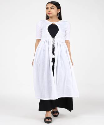 White Chikankari Cotton Shrug With Black Cotton Gown 1