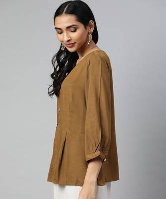 Light Brown Solid A-Line Viscose Top 2