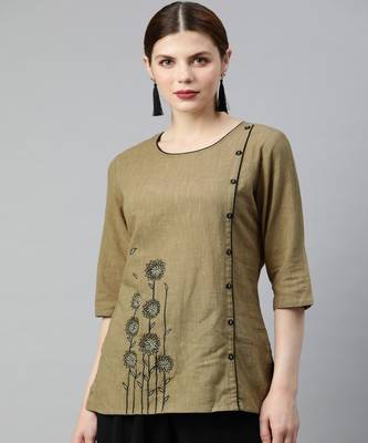 Brown Solid Straight Cotton Slub Top 1
