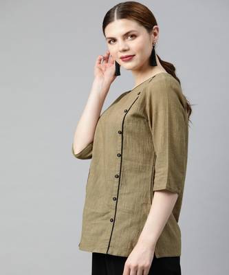 Brown Solid Straight Cotton Slub Top 2