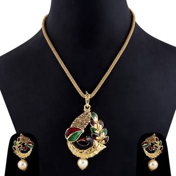 Gold Plated Stylish Party Wear Peacock Shape Pendant Set For Women Girl 2