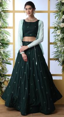 Dark-Green Embroidered Cotton Semi Stitched Lehenga 1