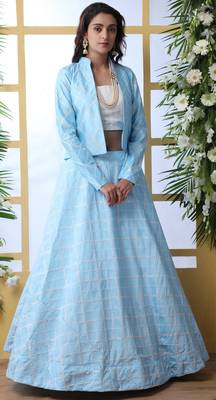 Sky-Blue Embroidered Art Silk Semi Stitched Lehenga 1