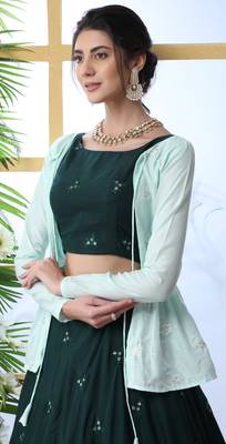 Dark-Green Embroidered Cotton Semi Stitched Lehenga 4