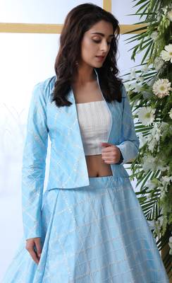 Sky-Blue Embroidered Art Silk Semi Stitched Lehenga 4